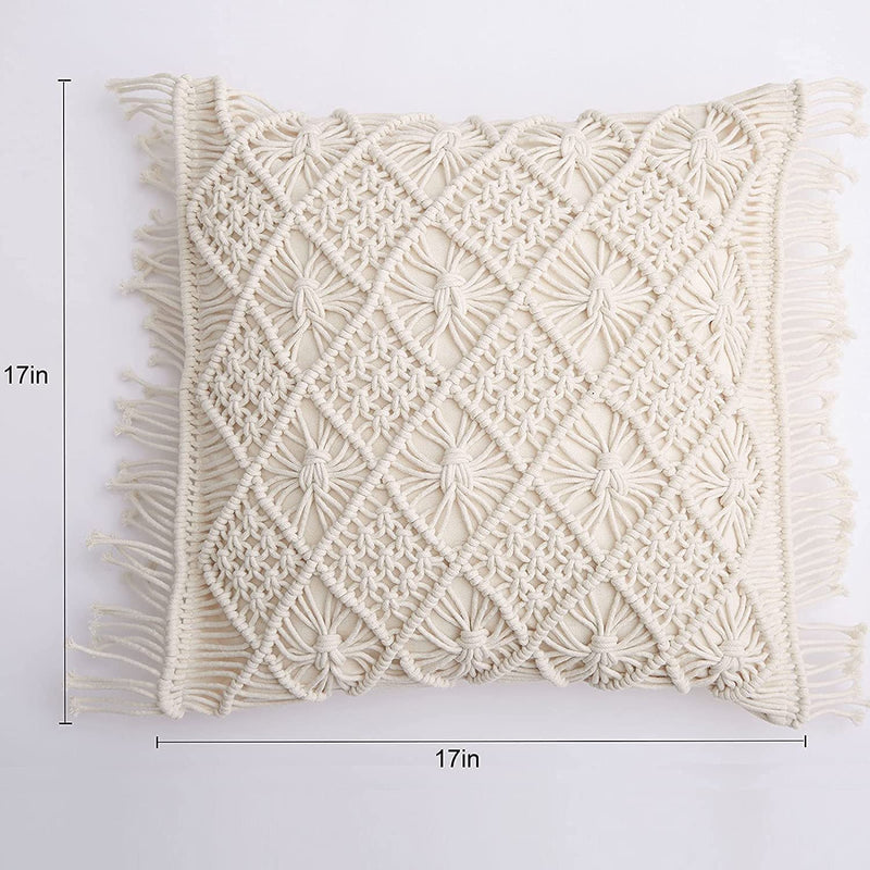 ACN Kohinoor | Macrame Cushion Cover 16 x 16 inch Handmade Soft Boho Cotton Pillow Case for Sofa Set Bed Living Room Bedroom in Premium Canvas Fabric with Back Zipper, Off-White, 1-Piece