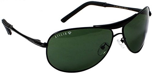 AISLIN® Toughened Glass Aviator/Wrap-Around Sunglasses For Men - (Dark Green G-15 Lens | Black Frame | Large Size | RB3455)