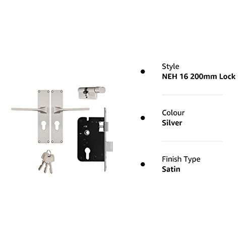 Godrej Mortise Door Lock Handle Set | 200mm NEH-16 1CK Europrofile | 5 Pin Brass Tumbler Mechanism 60mm | Suitable for Left & Right Handed Doors (Satin Steel Finish)