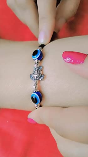 Jyokrish Combo Metal Silver Elephant & Turtle Blue Evil eye Glossy Black beads Chain Anklet |For Women |Girls Nazariya |Nazarbattu| pack of 2 |Payal | lucky protection