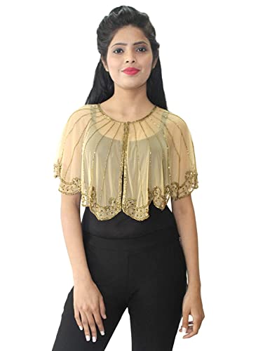 Ali Fashion Women's Net Poncho/Cape with Embroidery Poncho (Golden)