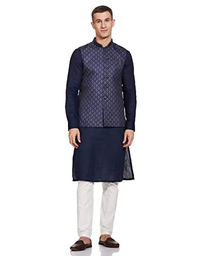 Manyavar Blue Art Silk Embroidered Celebration Kurta Jacket Set with Mandarin Collar 14