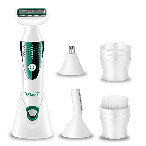 VGR 5-in-1 Women Grooming Kit Shaver for Face, Legs, Underarms & Bikini area, Eyebrow trimmer, Ear & Nose Trimmer Facial Massager & Body Massager Professional Fully washable