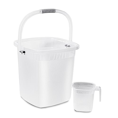 GALOOF Strong Plastic Bucket Mug Bathroom Set of 2 for Kitchen & Bathroom | Solid Color Striped Pattern Balti with Mug (Transparent, 25 Liter Bucket + 1.5 Liter Mug)