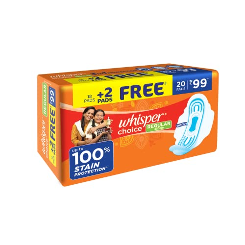 Whisper Choice Sanitary Regular Pads for Women, Regular, Pack of 20 Napkins