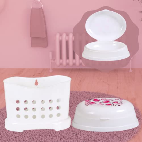 Novelty Store Bathroom Set 10 Pieces Heavy Duty, Large Capacity (16 LTR Bucket, 5 LTR Bucket, Patla, 18 LTR Deep Tub, Dustbin,Mug 1.5 LTR, Mug 1 LTR, Soapcase, Dustpan, Tooth Brush Stand -White Pink