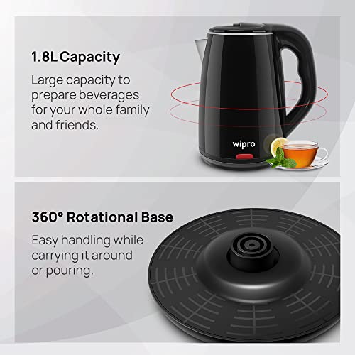 wipro Vesta 1.8 Litre Cool Touch Electric Kettle With Auto Cut Off|Double Layer Outer Body|Triple Protection-Dry Boil,Steam&Over Heat|Stainless Steel Inner Body|(Black,1500 Watt)1.8 Liter,1500 Watt