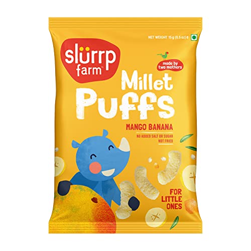 Slurrp Farm Teething Puffs | Fruit and Vegetable Puffs, Baked in Yummy Flavours- Carrot, Strawberry & Banana, Mango | Pack of 9