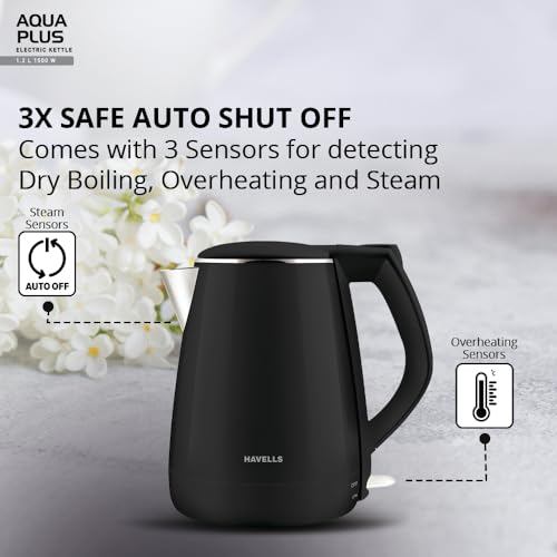 Havells AQUA PLUS 1500W 1.2L Electric Kettle, Double Layered Cool Touch Outer Body | 304 Rust Resistant SS Inner Body with Auto Shut Off | Wider Mouth | 2 Year Warranty (Black)