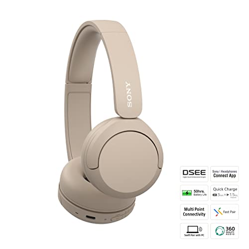 Sony WH-CH520, Wireless On-Ear Bluetooth Headphones with Mic, Upto 50 Hours Playtime, DSEE Upscale, Multipoint Connectivity/Dual Pairing,Voice Assistant App Support for Mobile Phones (Beige)