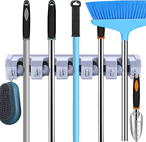 TETRIX Mop Holder and Broom Holder 5 Slot Position with 6 Hooks Garage Holder Wall Mounted Unbreakable Hanging Utility, Mop Broom Cleaning Tool Holder (Grey Color)