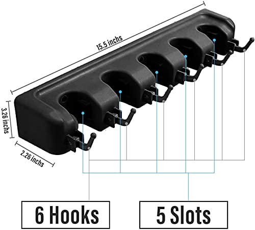 Zollyss Mop And Broom Holder Wall Mount, Heavy Duty Broom Holder Wall Mounted Or Tool Organizer For Home Garden Garage And Storage (5 Positions With 6 Hooks, Black,Plastic)