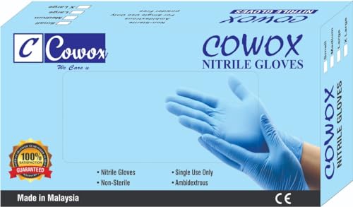 COWOX Surgicals Nitrile Gloves Disposable Powder Free Examination Blue Hand Gloves Food Grade CE & FDA Approved Medium Size-100 Pieces, Non-Sterile