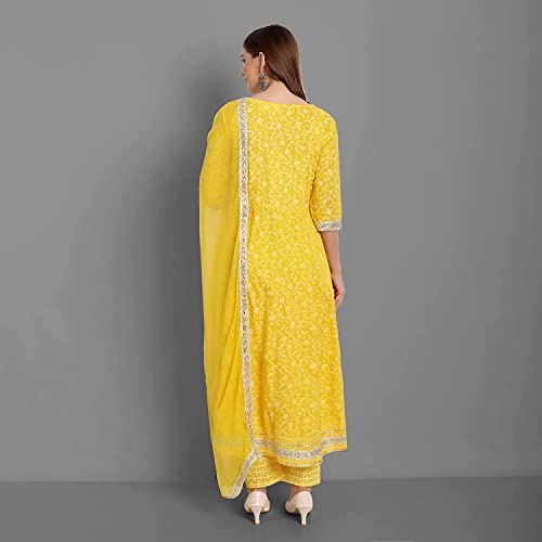 Rangnavi Women Rayon Anarkali Embroidered Printed Kurta Pant and Dupatta Set Yellow