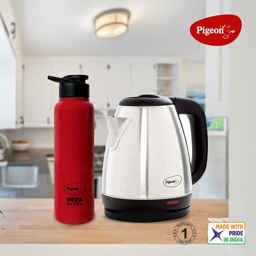 Pigeon 1.5 litre Hot Kettle and Stainless Steel Water Bottle Combo used for boiling Water, Making Tea and Coffee, Instant Noodles, Soup with Auto Shut- off Feature - (Silver)