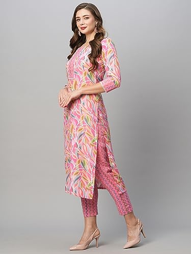 GoSriKi Women's Cotton Blend Floral Straight Kurta with Pant (Pahal-GS_Pink_L)