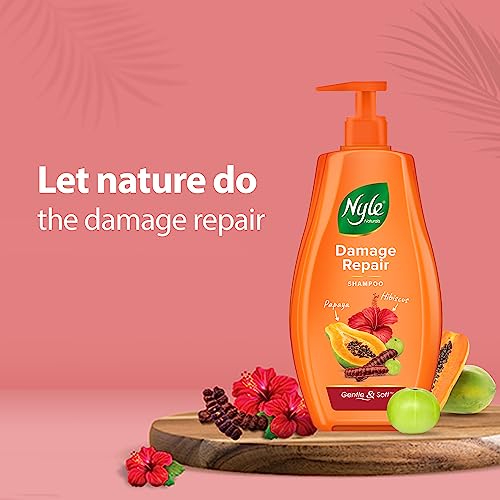 Nyle Naturals Damage Repair Shampoo | Hair Repair Shampoo | With Papaya, Hibiscus and Shikakai | Gentle & Soft Formulation For Men & Women, 400ml