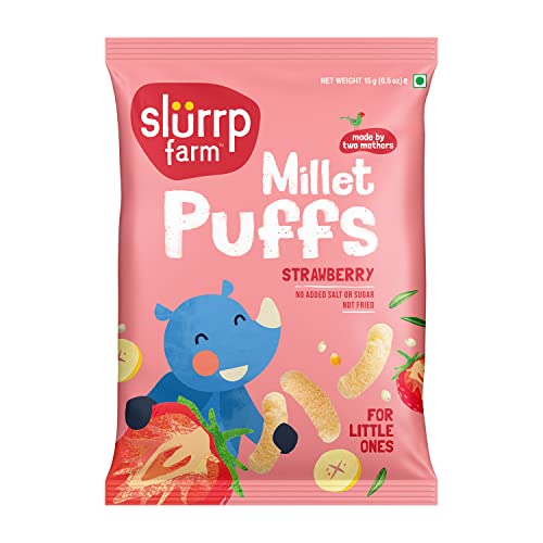 Slurrp Farm Teething Puffs | Fruit and Vegetable Puffs, Baked in Yummy Flavours- Carrot, Strawberry & Banana, Mango | Pack of 9