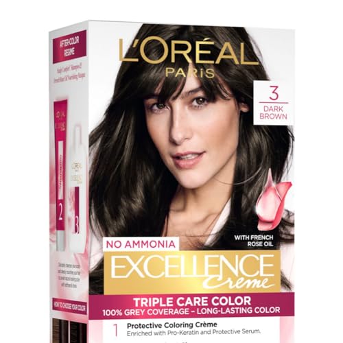 L'Oreal Paris Permanent Hair Colour, Radiant At-Home Hair Colour with up to 100% Grey Coverage, Pro-Keratin, Up to 8 Weeks of Colour, Excellence Crème, 3 Dark Brown, 72ml+100g