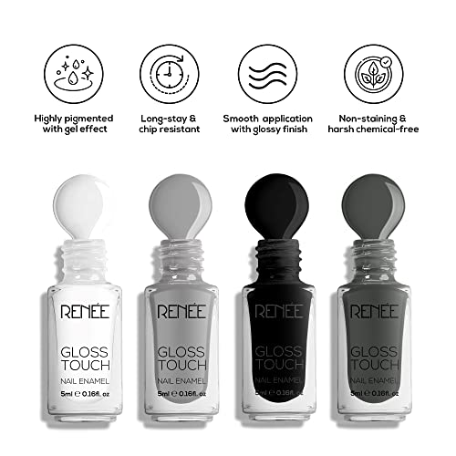 Renee Gloss Touch Nail Paint Set of 4, Quick Drying Nail Polish, Glossy Gel Finish Nail Kit, Highly Pigmented & Long Lasting Enamel, Chip Resistance 5ml Each Gift Set for Women N01 Classic Monochrome