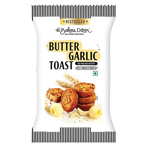 The Baker's Dozen 100% Wholewheat Butter Garlic Toast |No Maida | No Preservatives | Garlicky Butter Bliss Toasts | Flavoured with Garlic and Butter | Healthy Munching Option | Pack of 1 | 90g