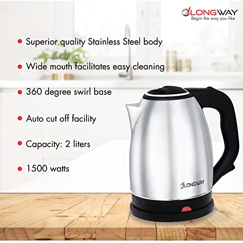 Longway Kestro 1500W Electric Kettle with Stainless Steel Body, 2 litre - Auto Power Cut used for boiling Water, making tea and coffee, instant noodles, soup etc. (Black & Silver)
