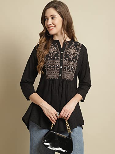 Pistaa's Women's Cotton Embroidered Flare Style Short Kurti (Medium, Black)