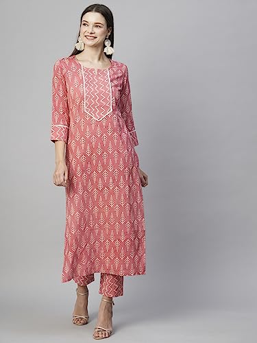 ANNI DESIGNER Women's Cotton Blend Straight Printed Kurta with Pant (Ruby Pink-NW_XL_Pink_X-Large)