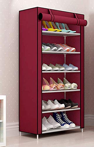 FLIPZON Premium 6-Tiers Shoe Rack/Multipurpose Storage Rack with Dustproof Cover (Iron Pipes, Non Woven Fabric, Plastic Connector) (Maroon)
