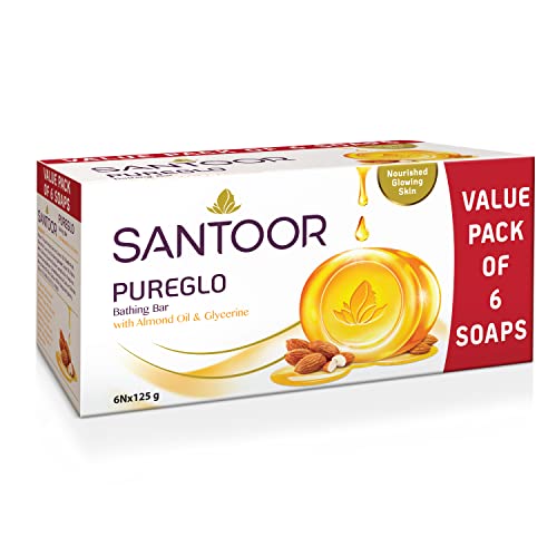 Santoor PureGlo Glycerine Bathing Bar Soap with Almond Oil for Nourished & Glowing Skin| Gentle & Rich Lathering Formula| Refreshing Fragrance| For All Skin Types (125g, Pack of 6)