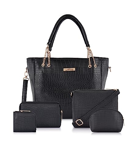 LaFille Latest Croco Texture Handbags for Women & Girls | Ladies Purse & Tote Bag | Set of 5 combo | Handbags for Office & College (Black)