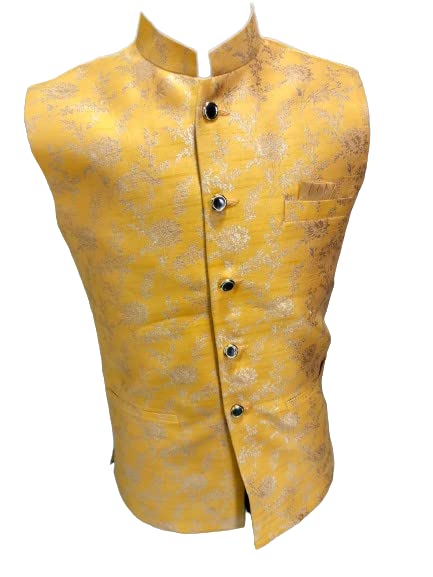 O C GARMENTS Mens Regular Ethnic Wear Traditional Single Embroidered Koti Nehru Jacket With Fancy Design (X-Large, Yellow)