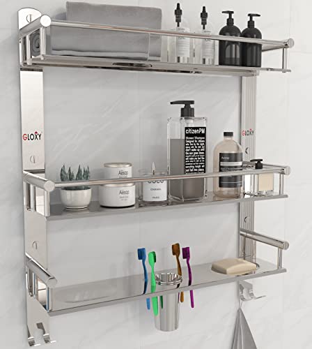 GLOXY ENTERPRISE Stainless Steel 3 Layer Multipurpose Organizer Shelf for Bathroom with Double Soap Dish and Toothbrush Holder Soap Holder Bathroom Accessories (15 x 5 x 19 inch)