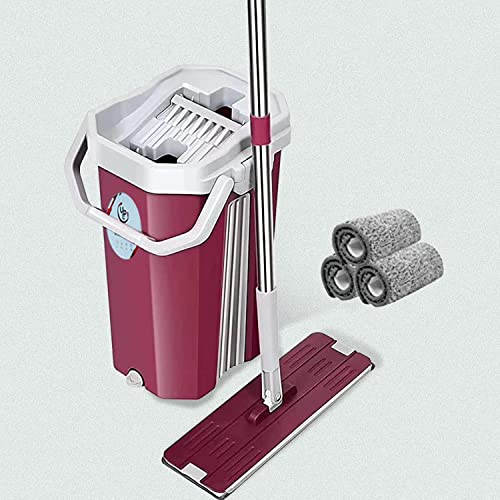 UPC Hands-Free Squeeze Microfiber Flat Spin Mop System 360° Flexible Head with 1 + 2 Super-Absorbent Microfiber Pads, 59.8'' Extended Stainless Steel Handle - Pink