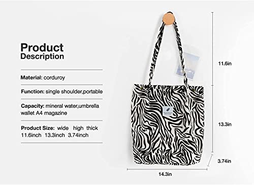 Kawn® Women Corduroy Tote Bag Canvas Shoulder Cord Purse Reusable Shopping Bag Grocery Bag Large Capacity Washable Handbag Girls Shoulder Bag with Inner Pocket For Daily Use Work Travel (Zebra)