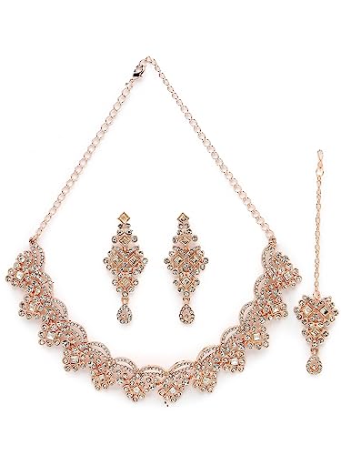 Sukkhi Untamed Rose Gold Plated AD White Stone Collar Bone Necklace Set With Earring And Maangtika | Jewellery Set For Women (NS105635)