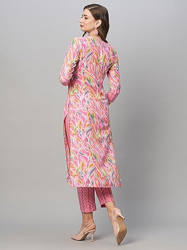 GoSriKi Women's Cotton Blend Floral Straight Kurta with Pant (Pahal-GS_Pink_L)