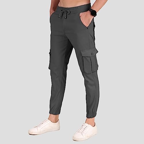 Plus 91 Latest Men Cargo Solid Danim Joggers Trousers Streetwear cross 6 multi Pockets Design Pants (32, Dark Grey)