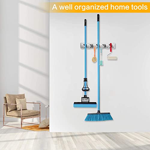 TETRIX Mop Holder and Broom Holder 5 Slot Position with 6 Hooks Garage Holder Wall Mounted Unbreakable Hanging Utility, Mop Broom Cleaning Tool Holder (Grey Color)