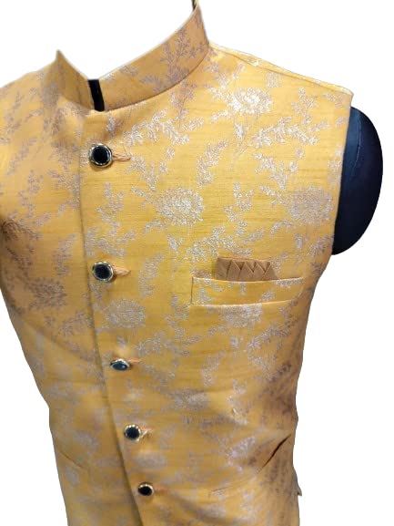 O C GARMENTS Mens Regular Ethnic Wear Traditional Single Embroidered Koti Nehru Jacket With Fancy Design (X-Large, Yellow)