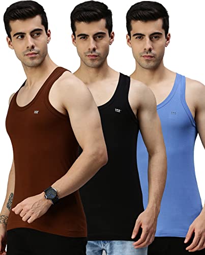 Lux Cozi Men's Pack of 3 Multicolor Round Neck Sleeveless 100% Cotton Vest with Extended Length for Easy Tuck (Size : 90cm)