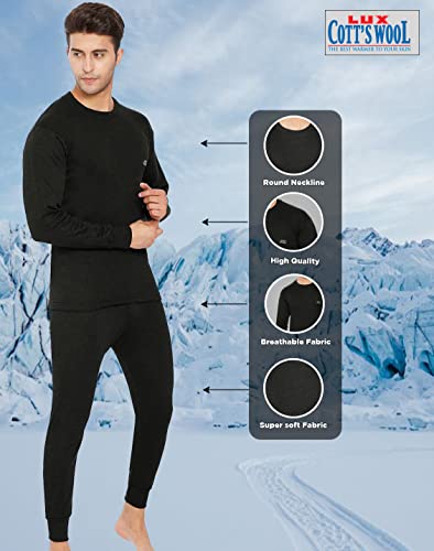 Lux Cottswool Men's Cotton R-Neck Thermal Set (Black, M- 85CM)
