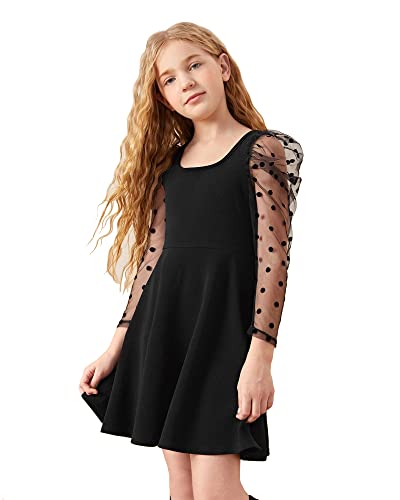 ADDYVERO Round Neck Long Sleeve Cotton Blend Solid Fit and Flare Knee-Length Girls Dress (Black, 7-8Y)