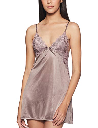 Clovia Women's Short Satin Babydoll with Lacy Cups (NS1151P01_Grey_L)