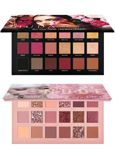 HUDA GIRL Beauty Rose Gold Remastered + Nude Edition Eyeshadow Palette Combo Kit - 36 Matte and Shimmer Finishes, Includes Black Eyeshadow - Complete Eye Shadow Palette Set