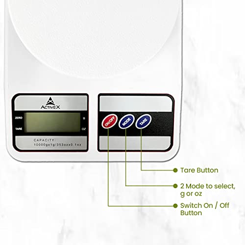 ActiveX Quanty Max Digital Food Kitchen Scale for Cooking Baking, 1gm to 10kg Weight Multifunction Scale, Grams and Ounces, 1g/0.1oz Precise Graduation Tempered Glass White