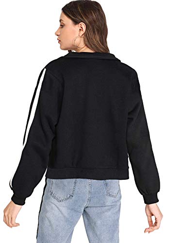 Fabricorn Women's Fleece Collared Neck Sweatshirt (SS03_Blk_Slv1WhtStripe_P_Black