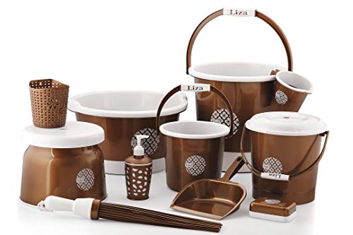 Liza Plastic Jumbo Bucket, Tub & Mug Bathroom Set 11 pcs, Heavy Duty, Large Capacity (Brown)