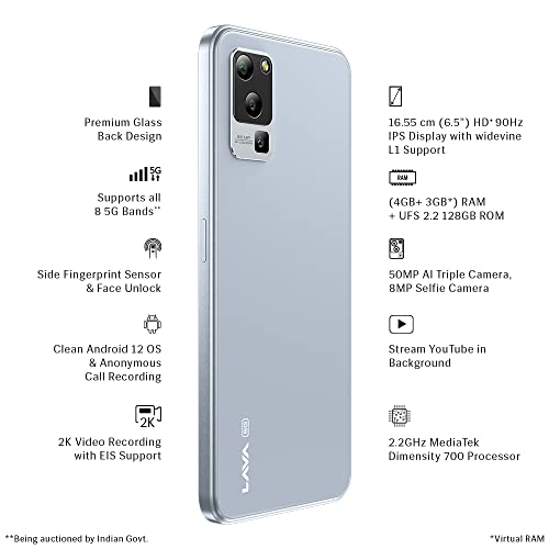 Lava Blaze 5G (Glass Blue, 4GB RAM, UFS 2.2 128GB Storage) | 5G Ready | 50MP AI Triple Camera | Upto 7GB Expandable RAM | Charger Included | Clean Android (No Bloatware)