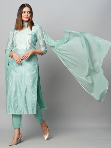 GoSriKi Women's Cotton Blend Floral Straight Kurta with Pant & Dupatta (Sawre Pista-GS XL)